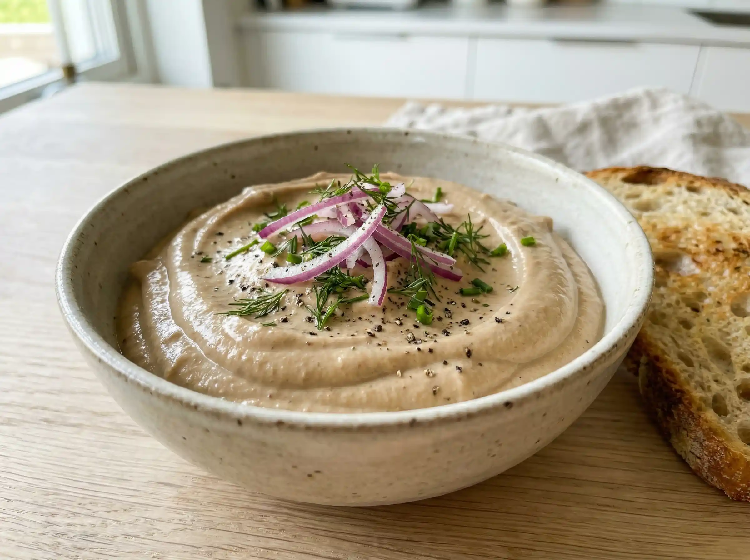 Kycklingpastej i skål med krämig yta, tunt skivad rödlök och hackat kryddgrönt på ljus bakgrund.