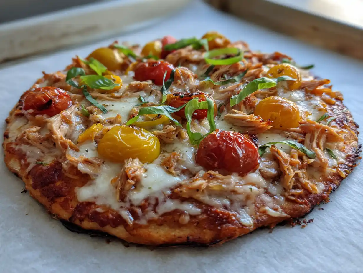 Kycklingpizza med smält ost, paprika, salladslök och tomater på tunn botten, serverad varm med färsk basilika.