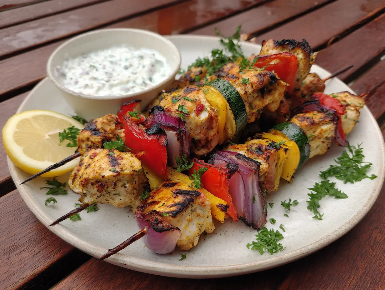 kycklingspett grillat på grill med gyllenbruna bitar, röd paprika och lök på spett, citronskiva vid sidan