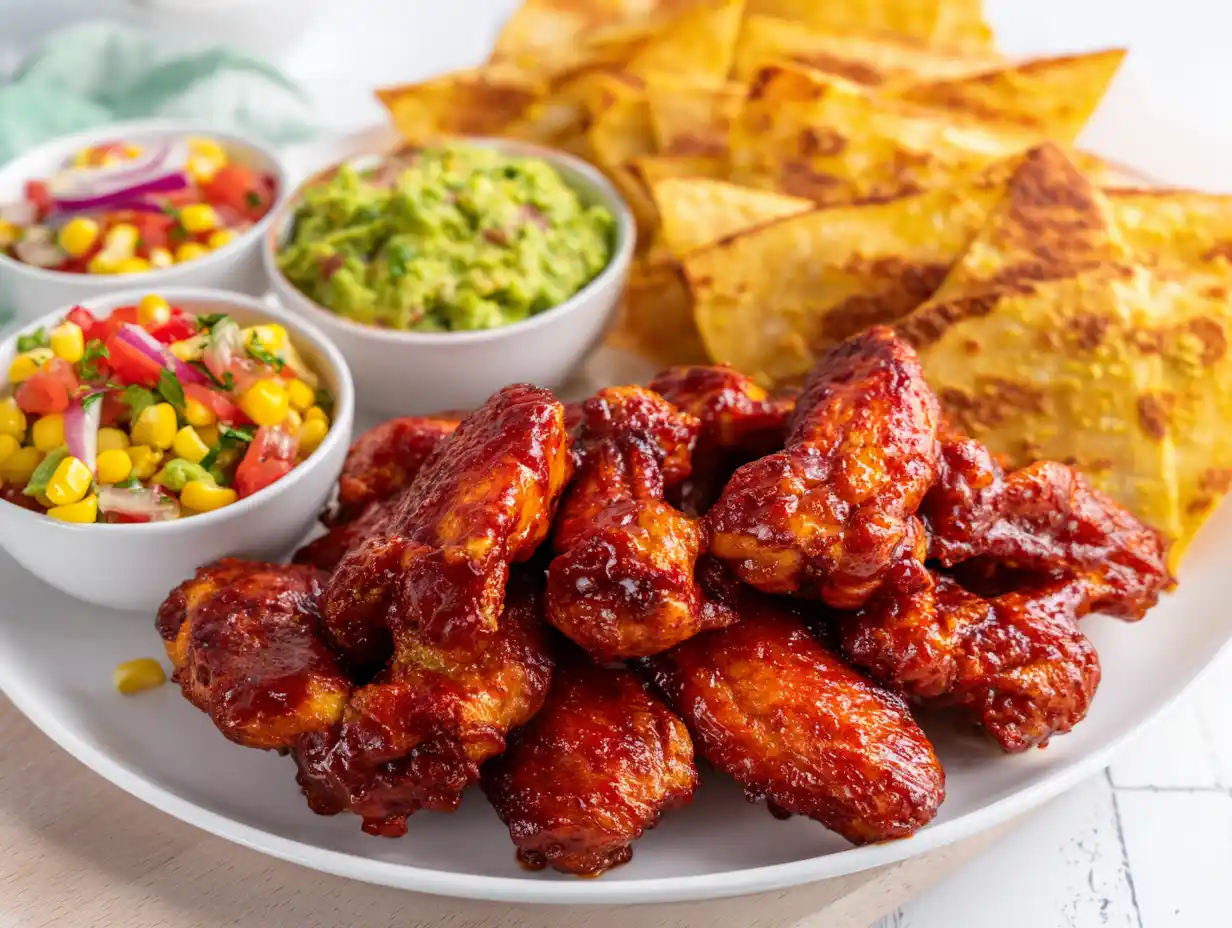 kycklingvingar tillbehör upplagt med heta wings, majssalsa, gyllene quesadillas och krämig guacamole på ljust bord