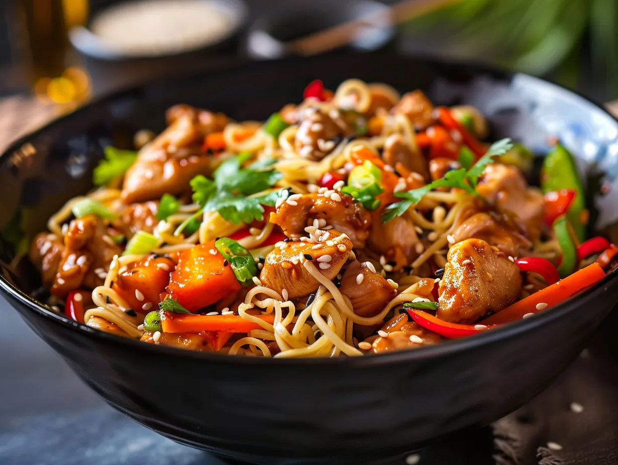 En färgsprakande kycklingwok med nudlar fylld med krispiga grönsaker och saftig kyckling serverad i en skål.