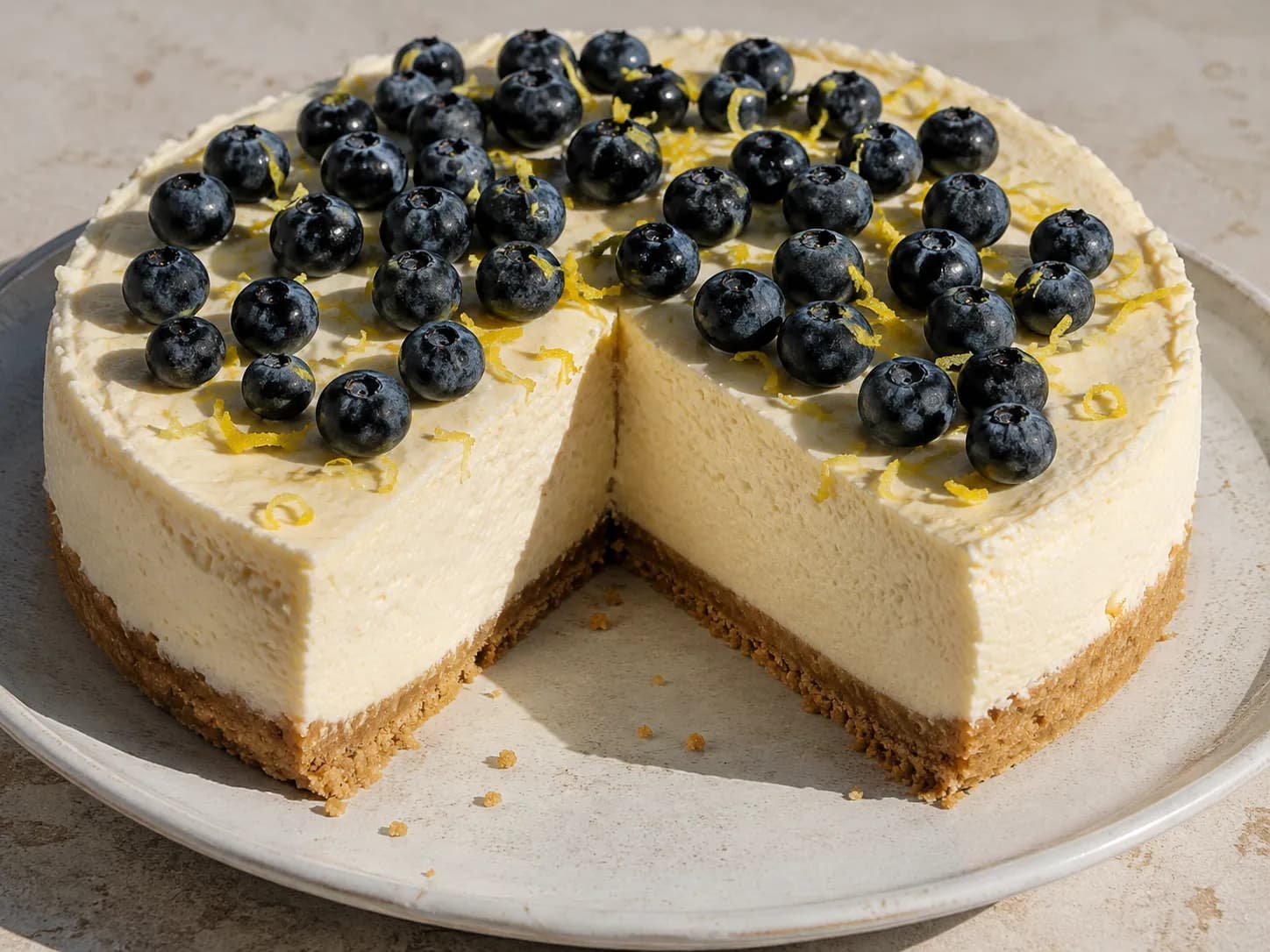 laktosfri cheesecake med krämig citronfyllning, digestivebotten, blåbär och finrivet citronskal på toppen.