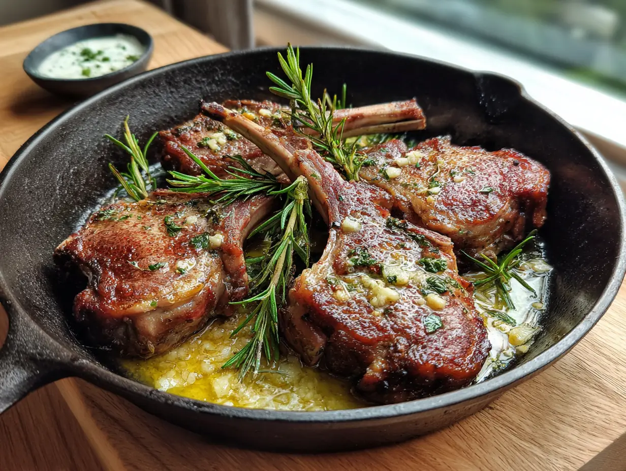 lammkotlett stekpanna med gyllenbrun yta, smörfräst rosmarin och vitlök på gjutjärnspanna i dagsljus