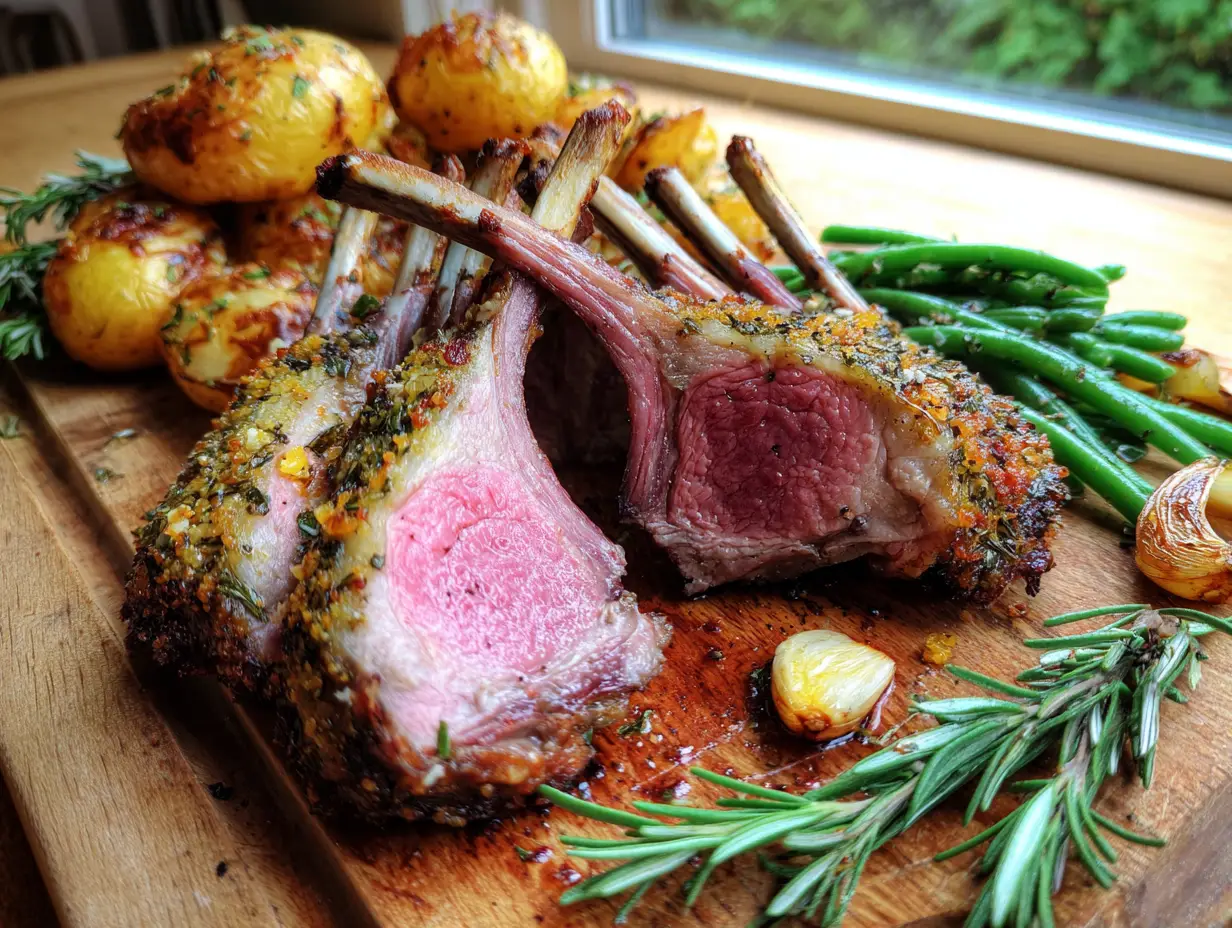 lammracks i ugn med örtmarinad, rosmarin och vitlök, skärt på träbräda med ugnsrostad potatis vid sidan