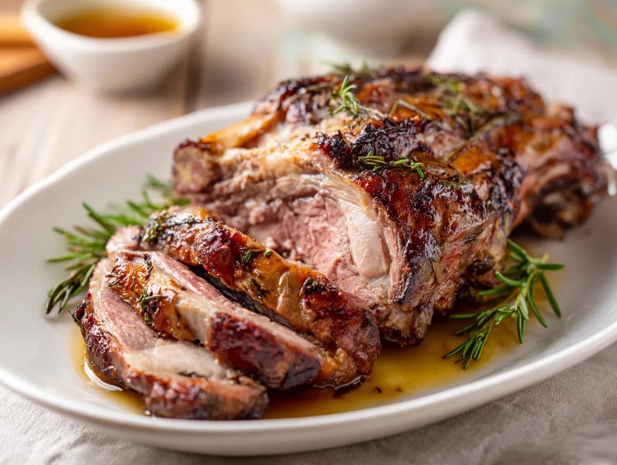 Lammstek i ugn med vitlök och rosmarin, saftig och jämnt stekt i ugnsform.