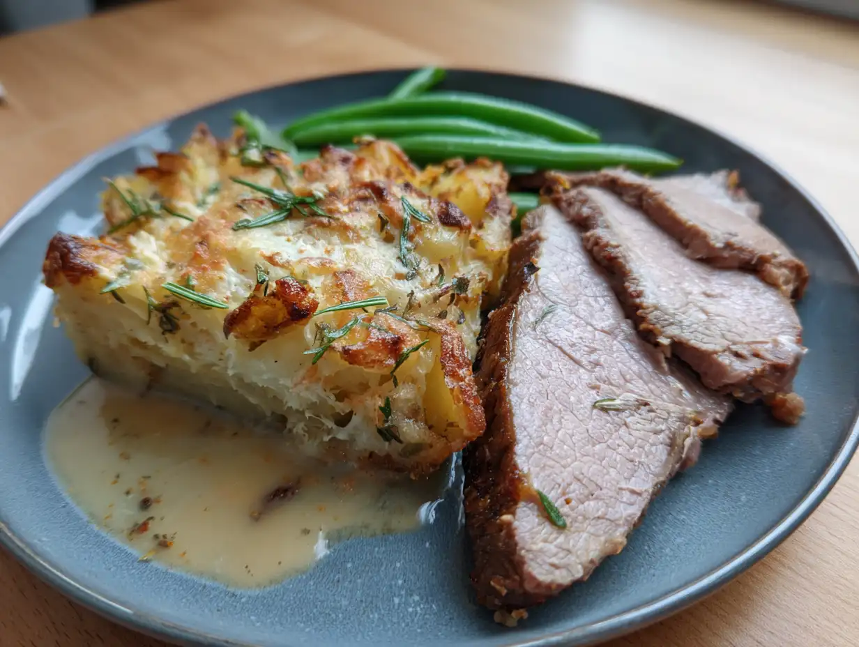 Lamstek med potatisgratäng serverad med rosa köttskivor, gyllene potatis och enkel skysås.