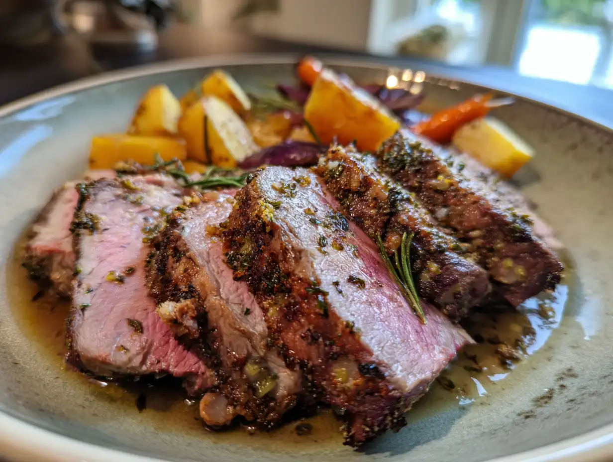 Lamstek med vitlök och rosmarin i tunna skivor med saftig rosa mitt och rostad yta.