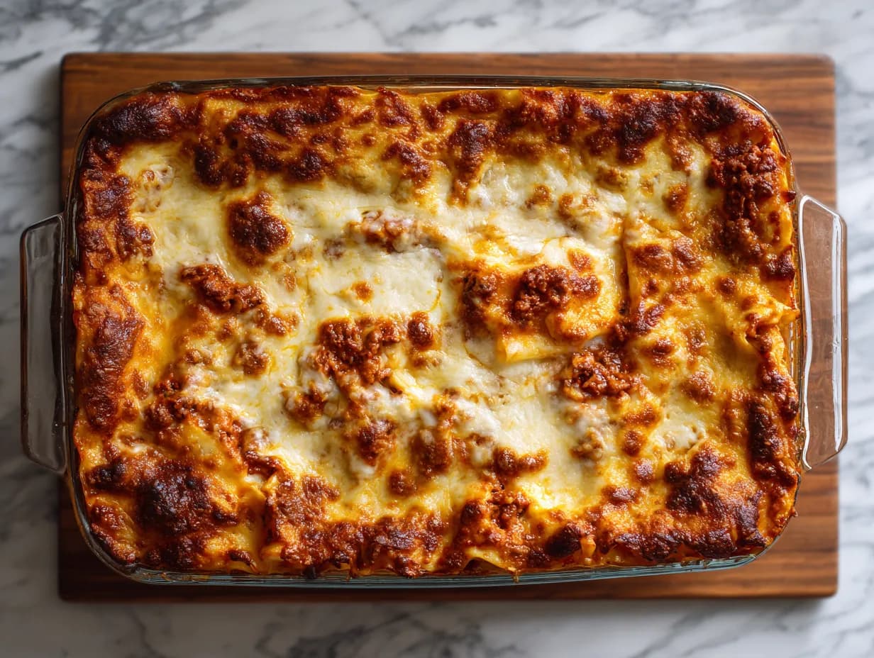 En rykande het lasagne med färska plattor, gyllenbrun gratinerad ostyta och krämig béchamelsås serverad på tallrik.