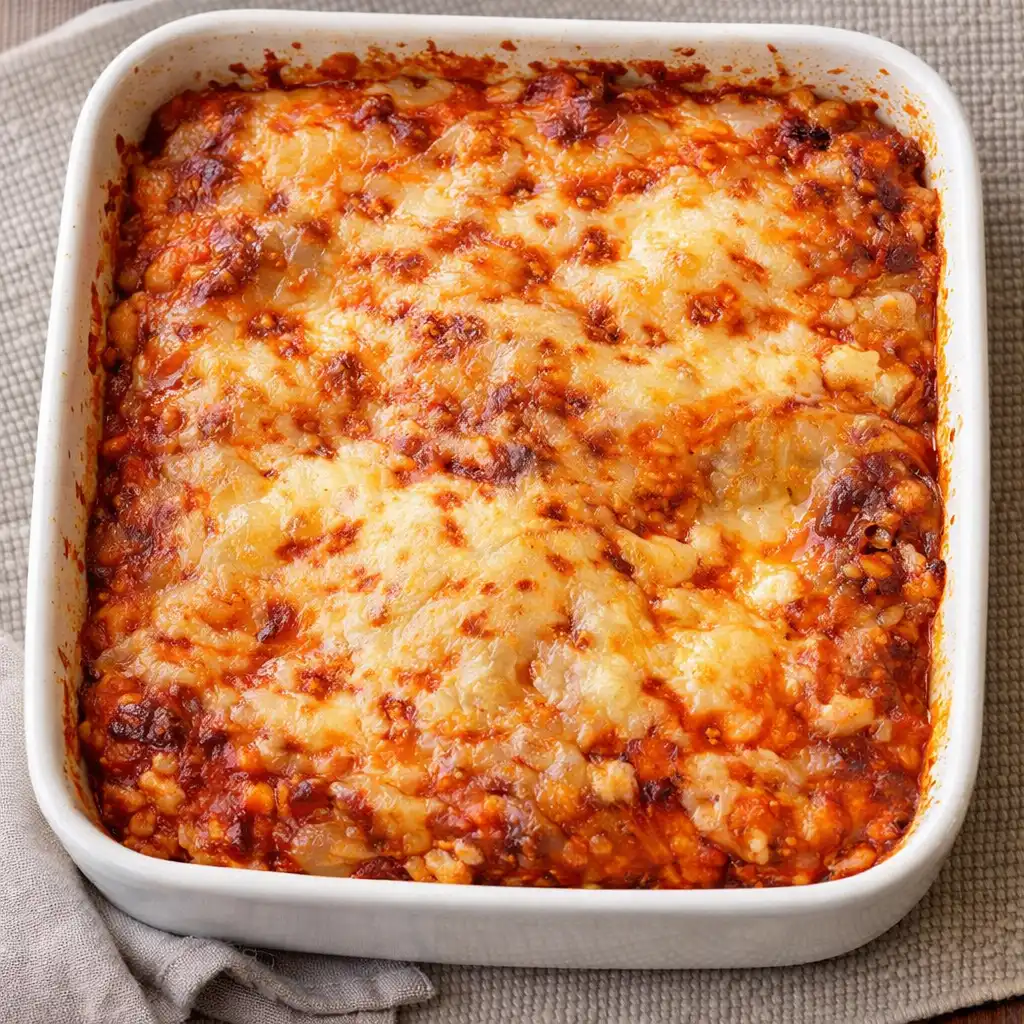 Lasagne keso köttfärs i ugnsform med gyllene osttäcke – krämig kesolasagne utan ostsås.