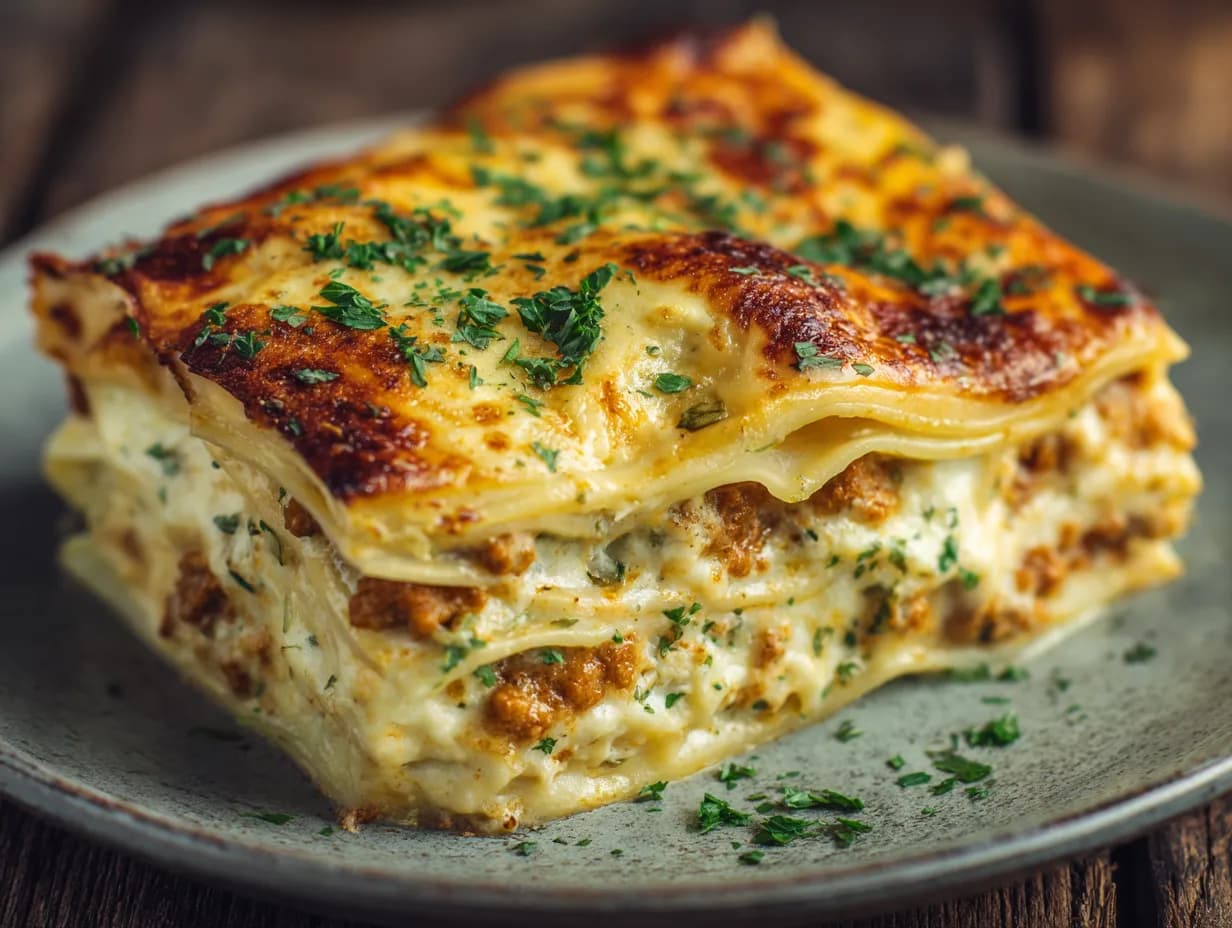 En gyllenbrun lasagne kycklingfärs i ugnsform med bubblande ost och färsk basilika på toppen.