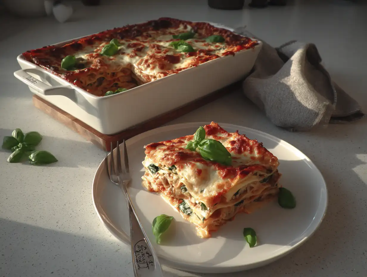 Lasagne med spenat i ugnsform med krämig ostsås, svamp och gyllene mozzarella på toppen.