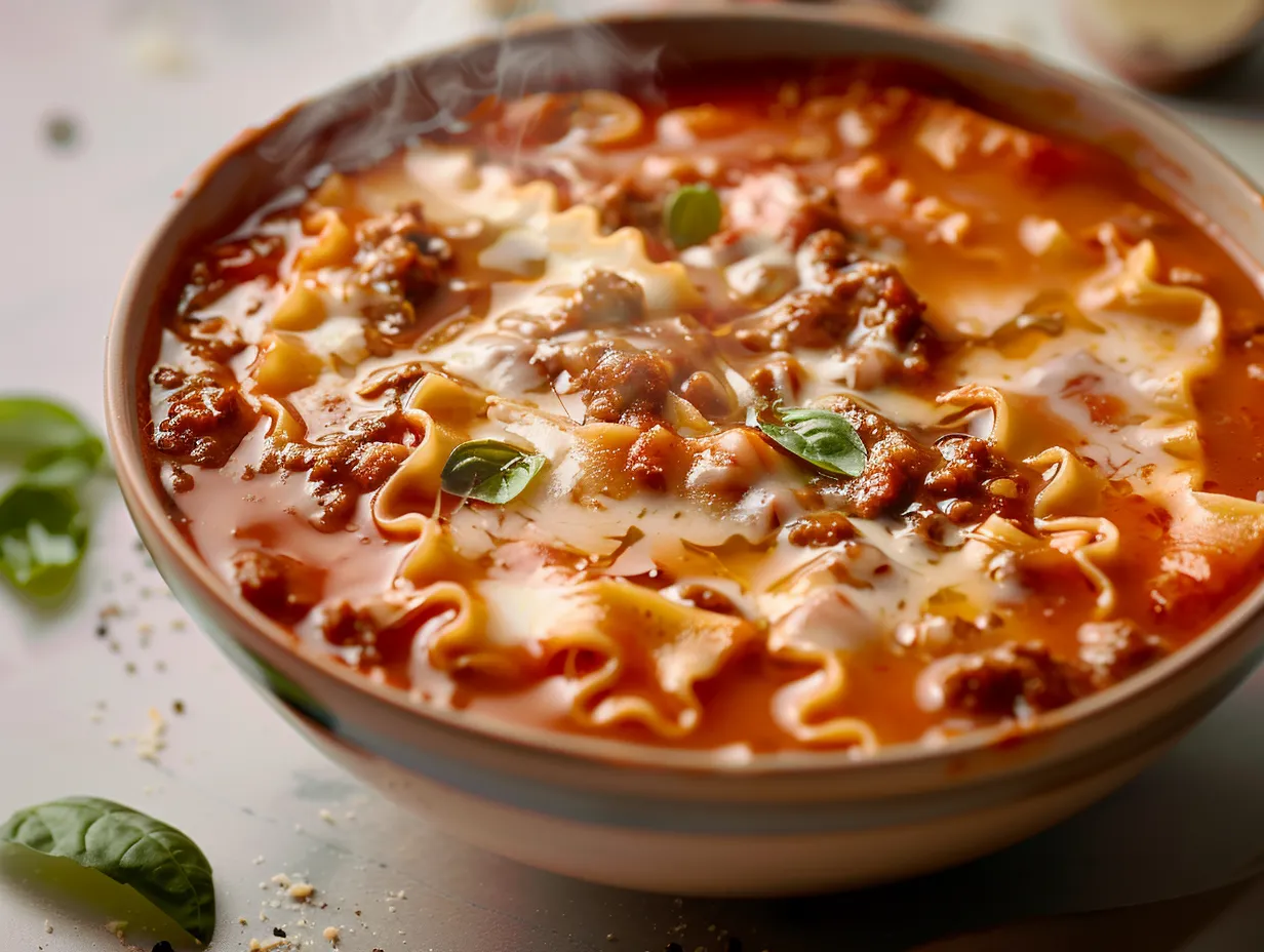 Lasagnesoppa med köttfärs, pasta och krämig topping serverad i djup tallrik