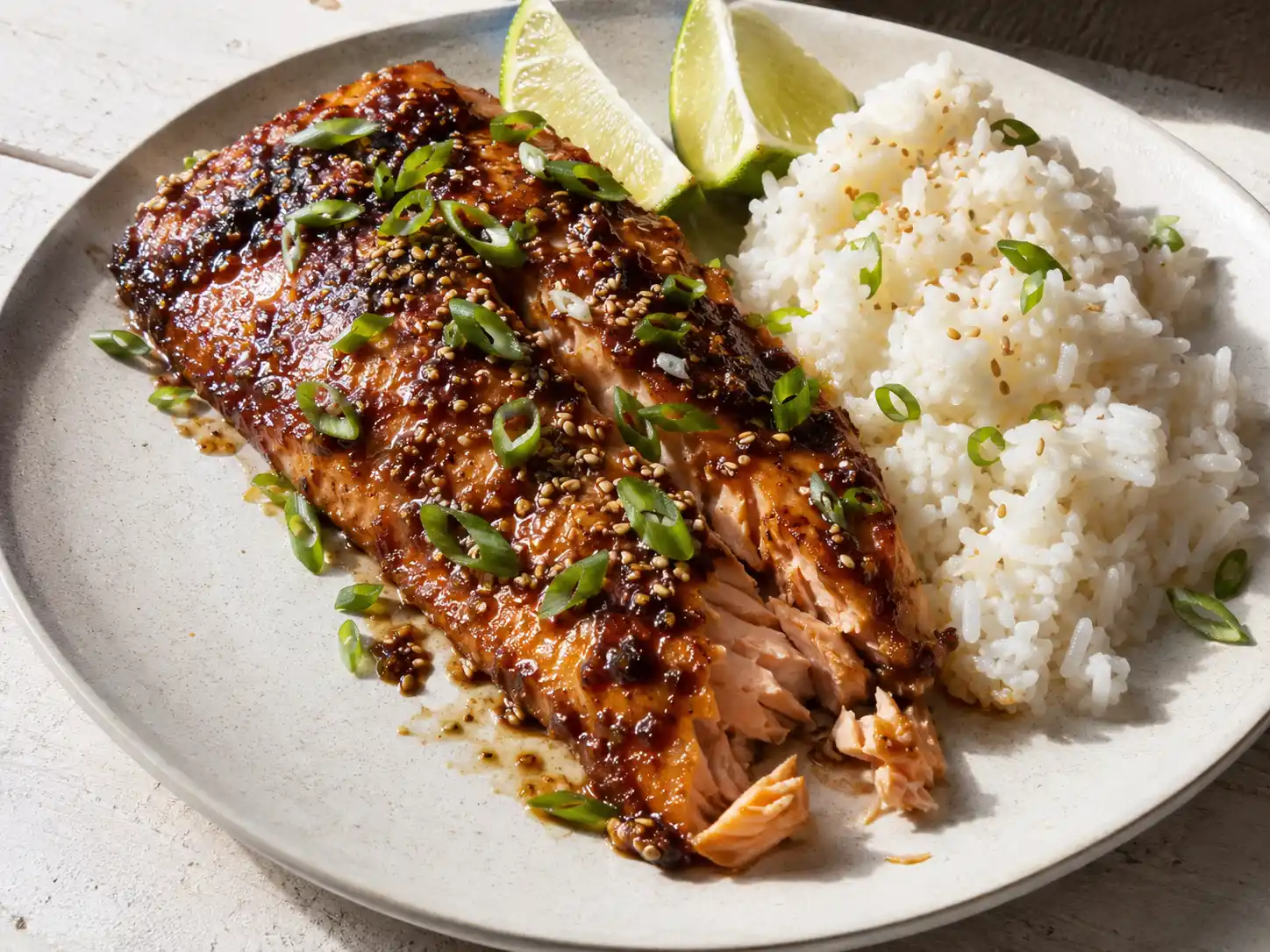 lax asiatisk på vit tallrik med sesam, salladslök, lime och ris bredvid i hårt morgonljus