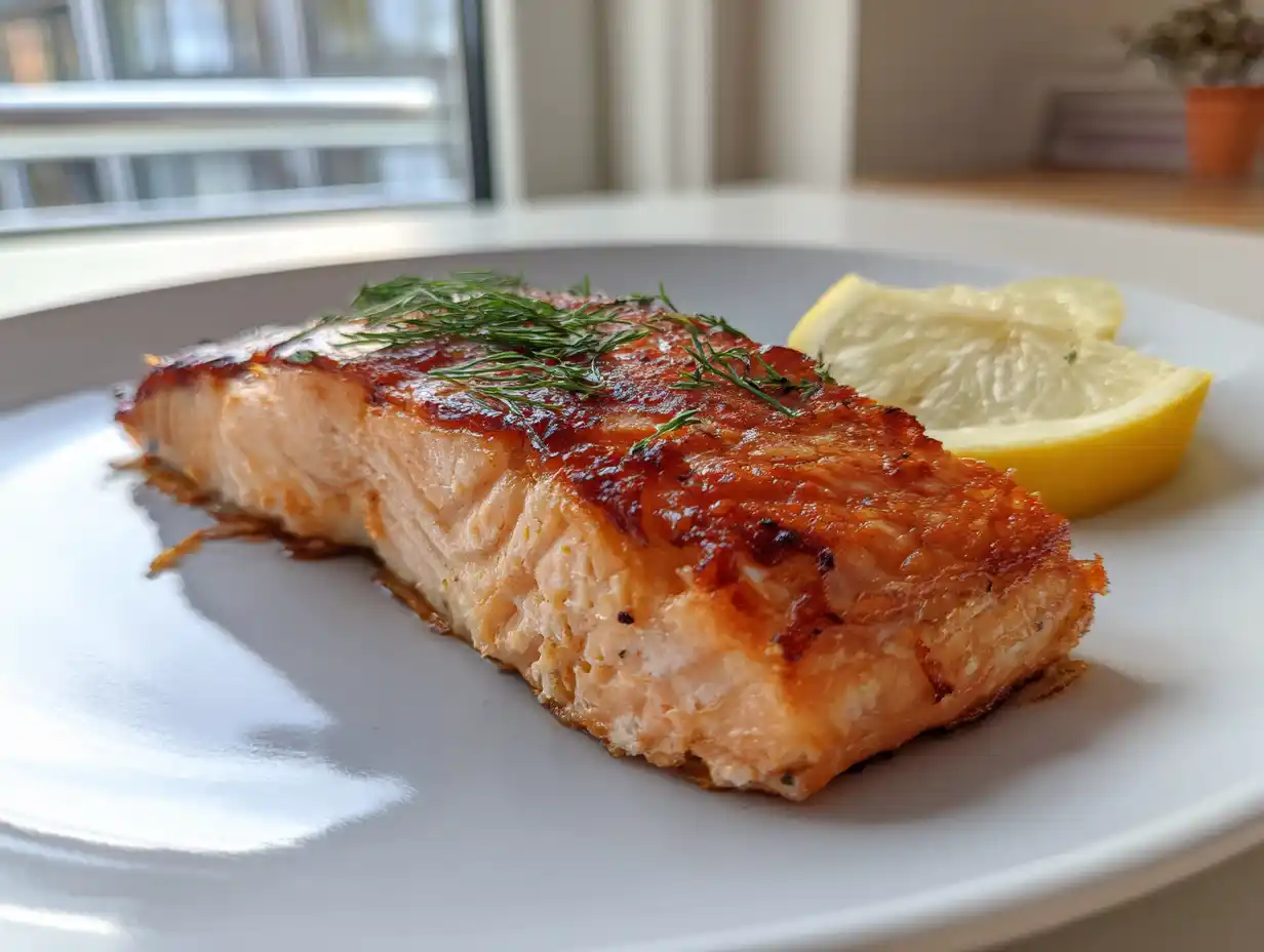 Lax i airfryer på tallrik med krispig yta, citronskiva och dill, naturligt sidoljus