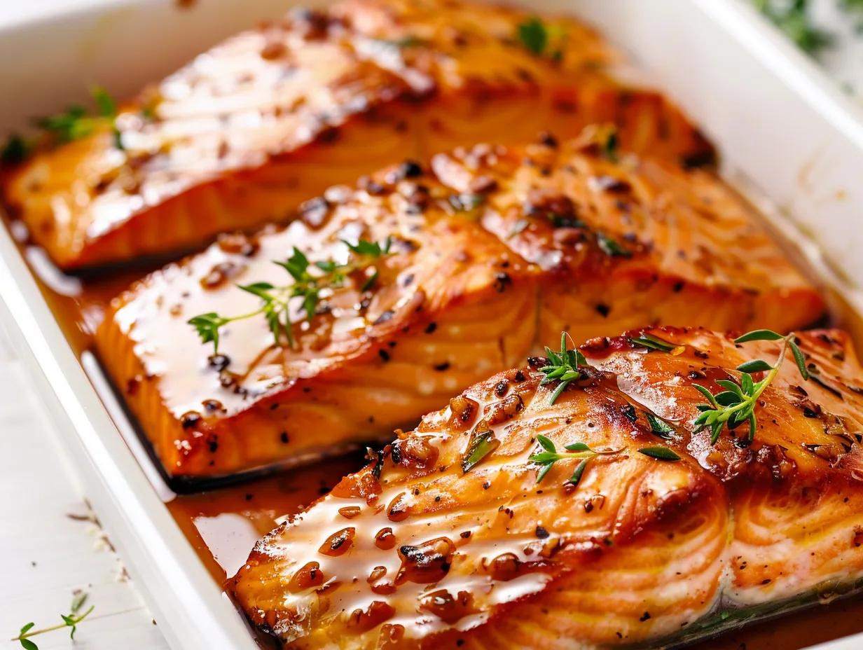 En närbild på en saftig bit lax i ugn med honung och soja, glaserad med en mörk söt-salt sås och toppad med sesamfrön.