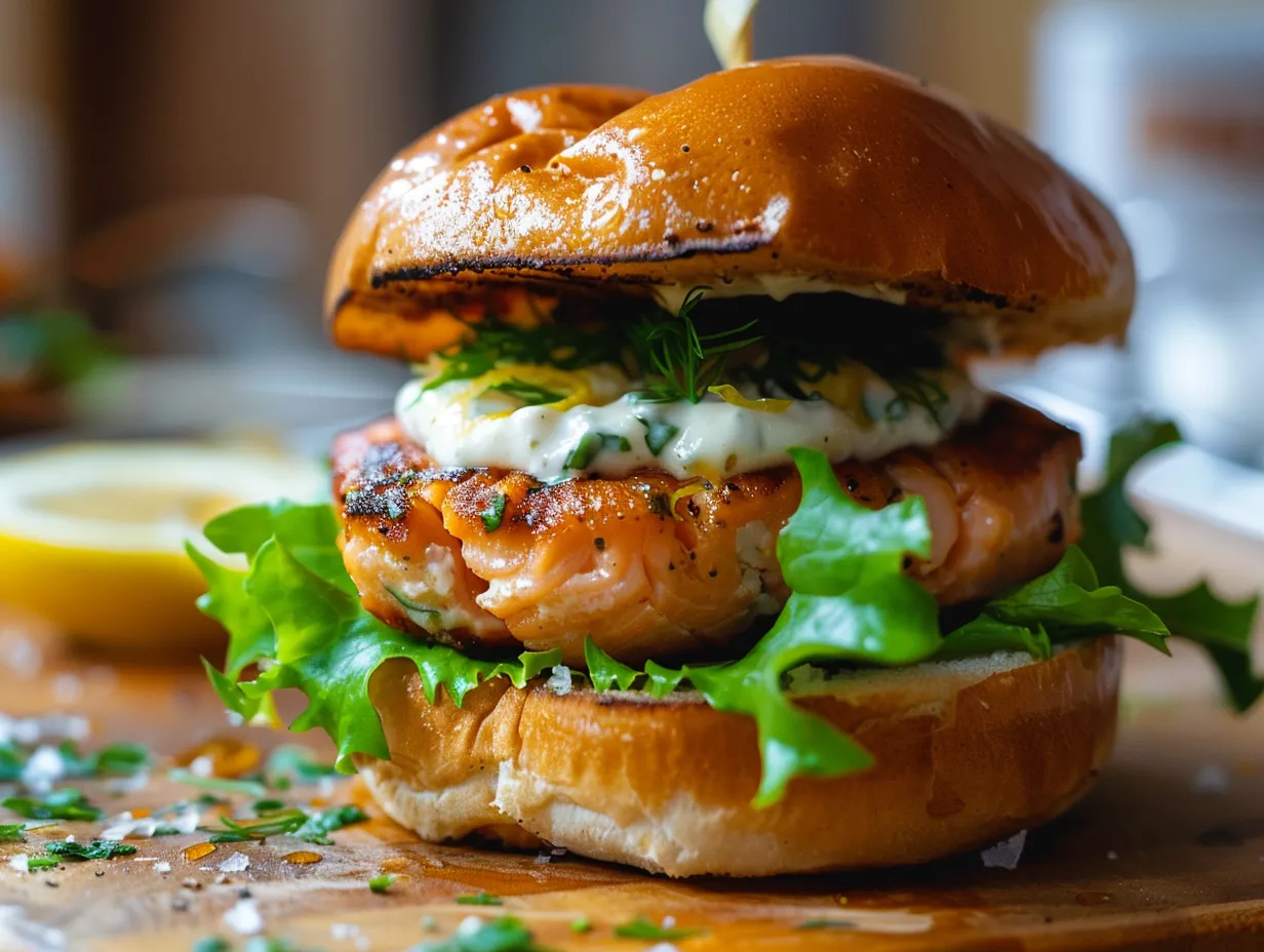 En nygrillad laxburgare med citronmajonnäs serverad i ett fluffigt bröd med krispig sallad och färsk dill på en tallrik.