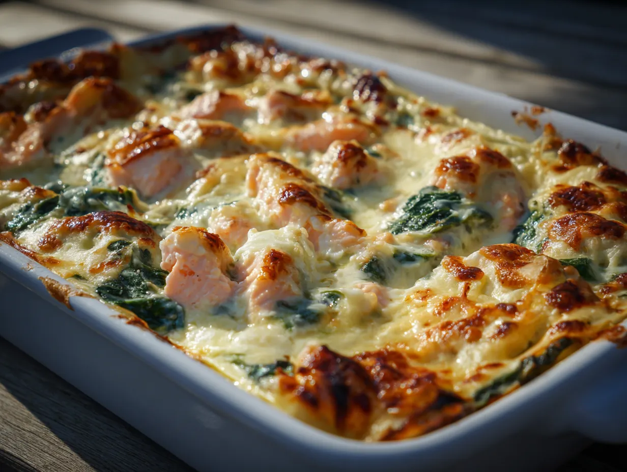 En nygräddad laxlasagne med spenat i en ugnsform med gyllenbrun ostyta och krämig fyllning som bubblar längs kanten.