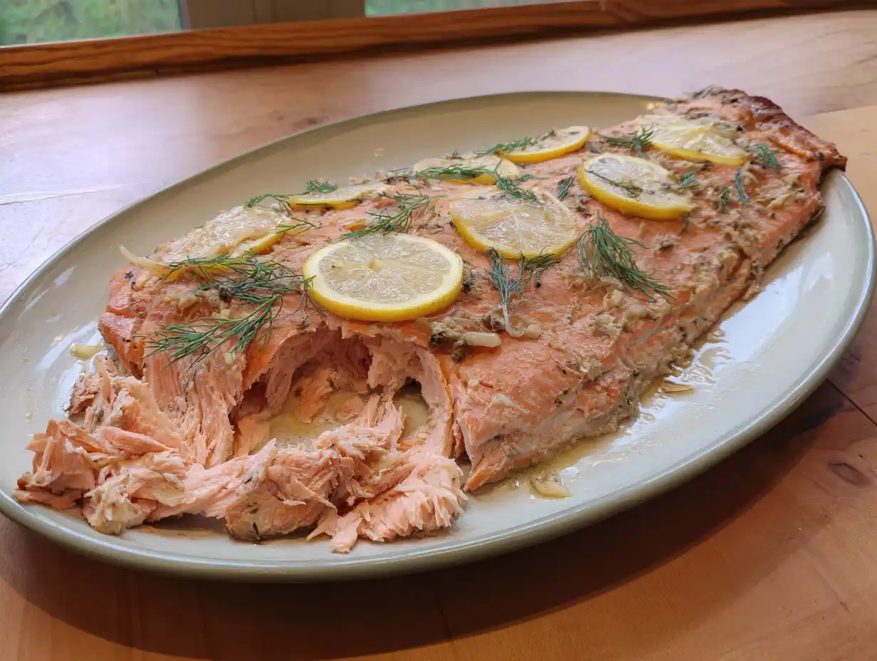 Laxsida i ugn på fat med citron, dill och mjukt, saftigt fiskkött som lätt faller i stora bitar.