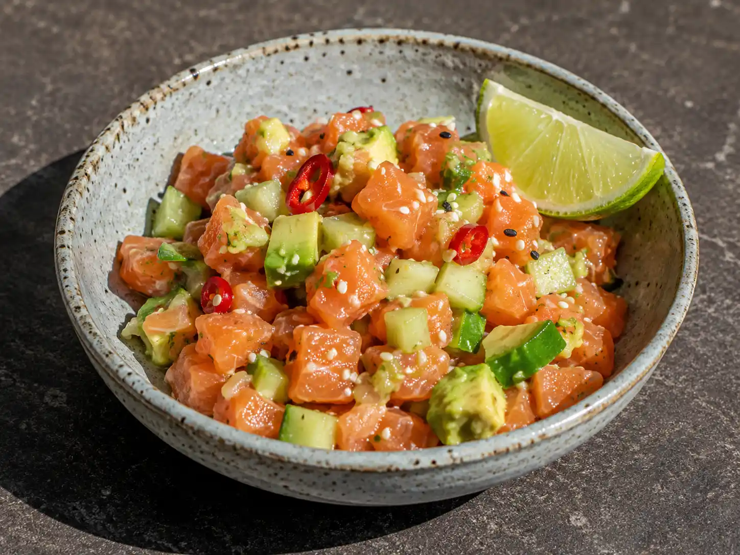 laxtartar asiatisk med lax, avokado, gurka, lime, chili och sesam på små tallrikar