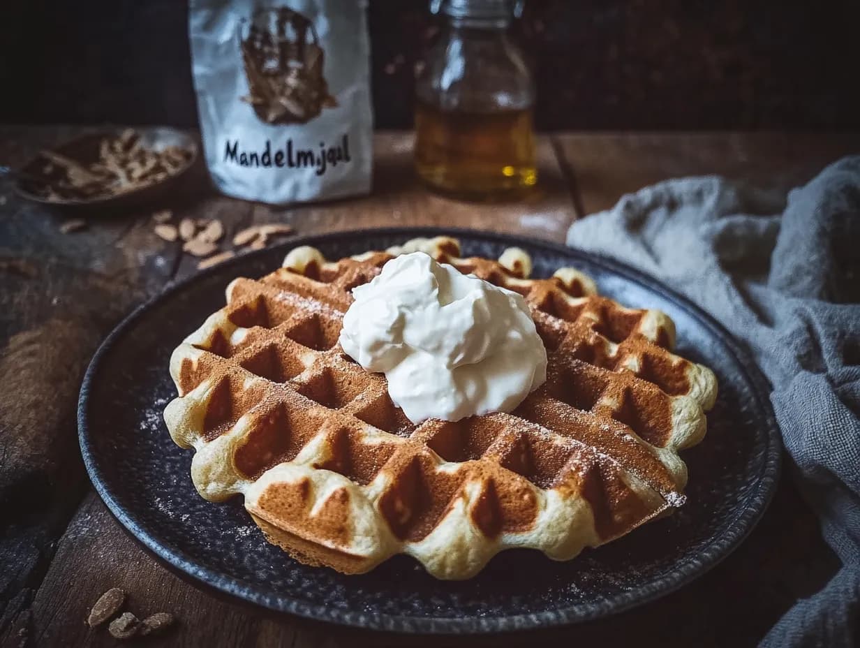 Gyllene LCHF våfflor med vispgrädde och hallon.