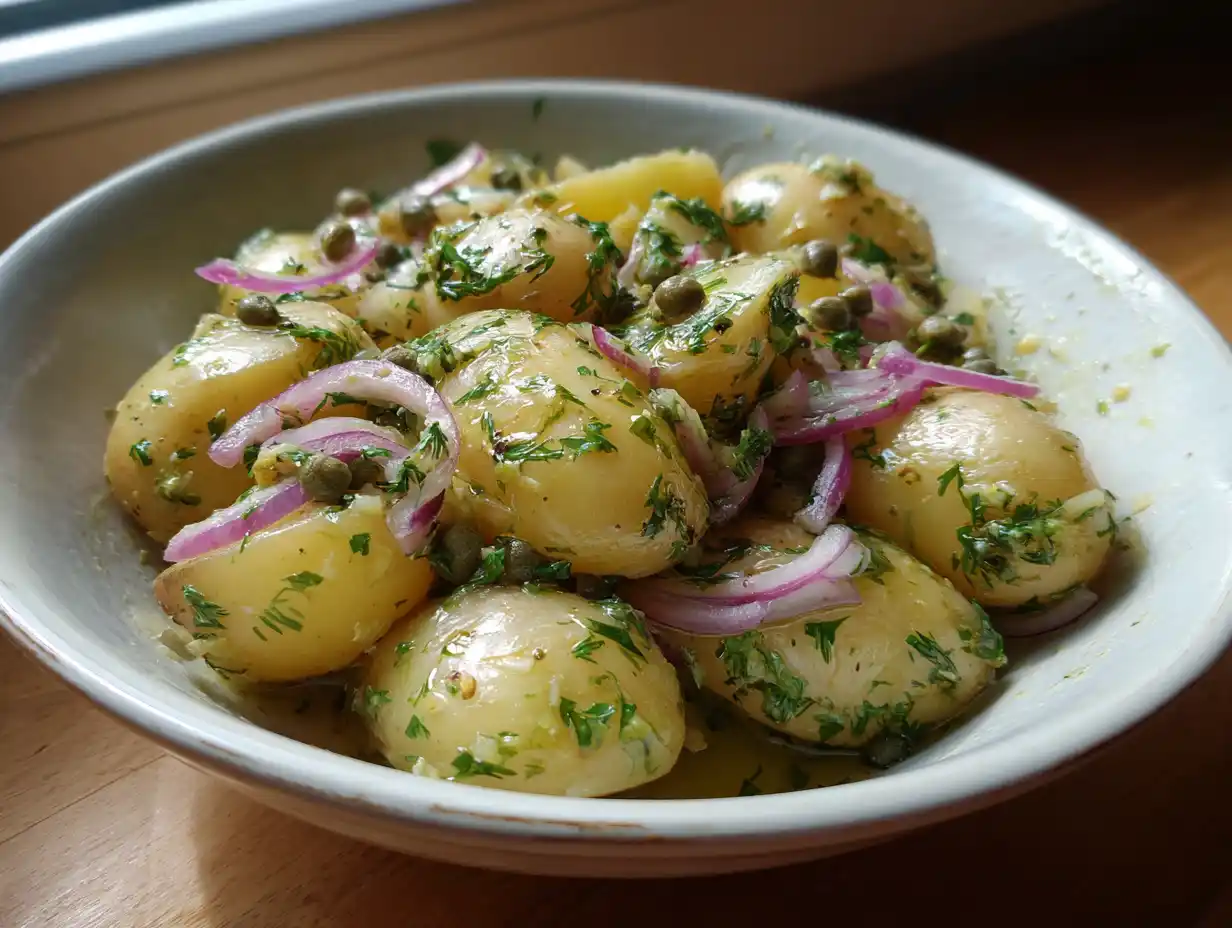 ljummen potatissallad i skål med färskpotatis, rödlök, kapris och örter i glansig senapsdressing.