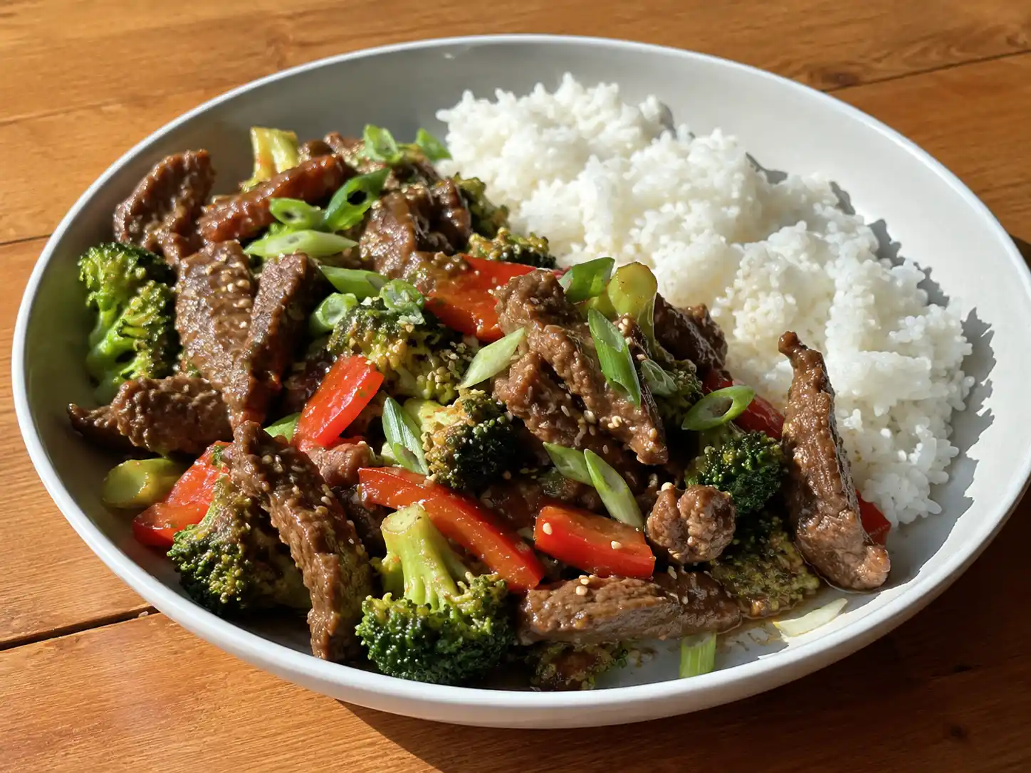 lövbiff recept asiatiskt med strimlad biff i blank sojasås, grönsaker, salladslök och ris