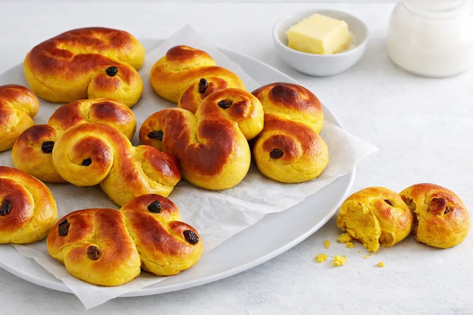 Gyllengula lussebullar med kesella dekorerade med mörka russin ligger vackert upplagda på ett rustikt fat i en julig miljö.