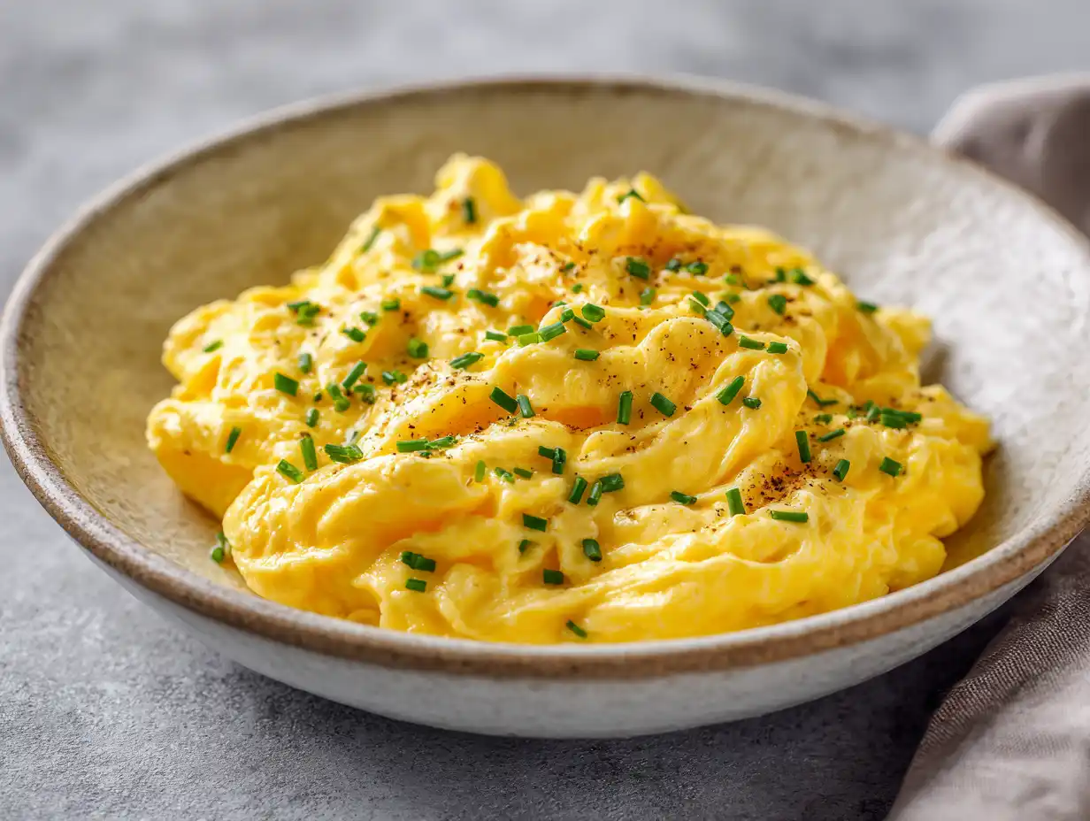 Lyxig äggröra serverad krämig och fluffig med smörglans och nymalen svartpeppar på toppen.