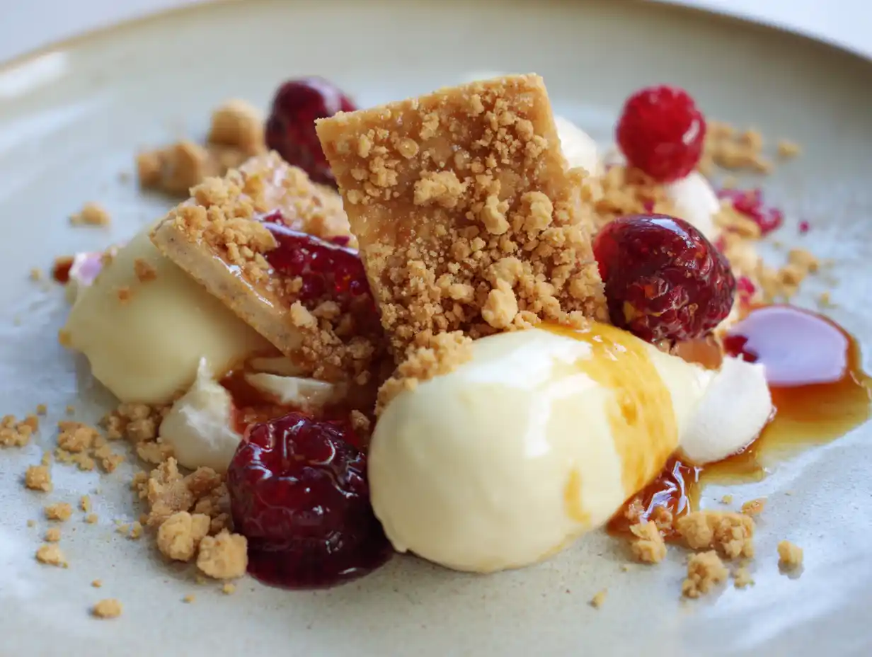 lyxiga kycklingrätter som serverad dessert med vaniljglass, chokladcrème, mazarinbotten, hallon och blank havtornssås på ljus tallrik