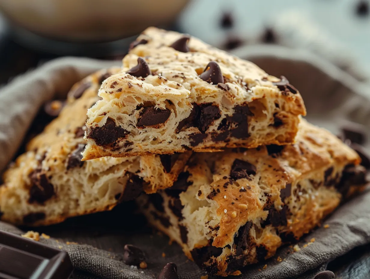 Nybakade lyxiga scones med choklad staplade på ett fat, med synliga smältande chokladbitar och en kopp te i bakgrunden.