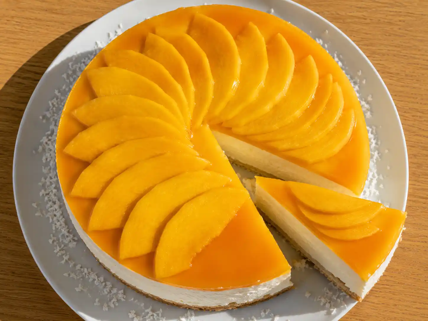 Mango cheesecake ovanifrån på ett vitt fat med gyllene mangospegel och skivor av färsk mango, synlig kexbotten längs kanten.