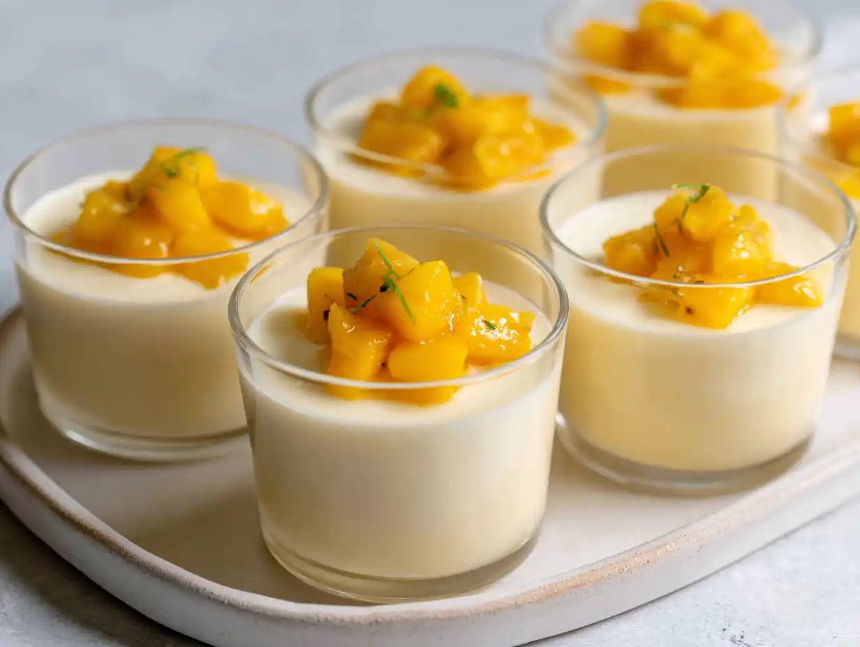 Mango pannacotta i små glas med len vaniljbotten och blank mangotopping på ljus bricka.
