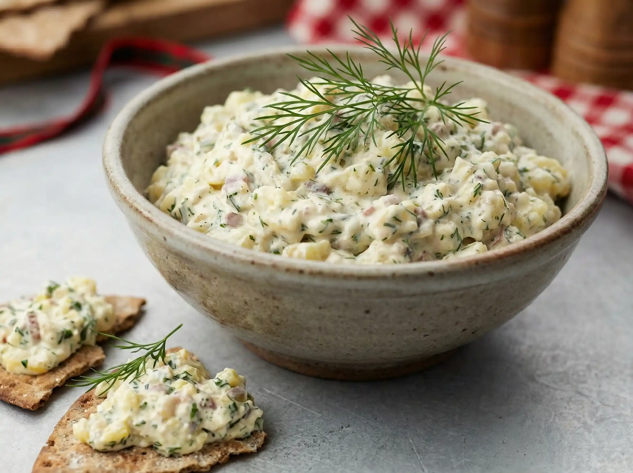 En krämig Mannerströms gubbröra serverad på mörkt knäckebröd med klippt gräslök och rödlök som garnering.