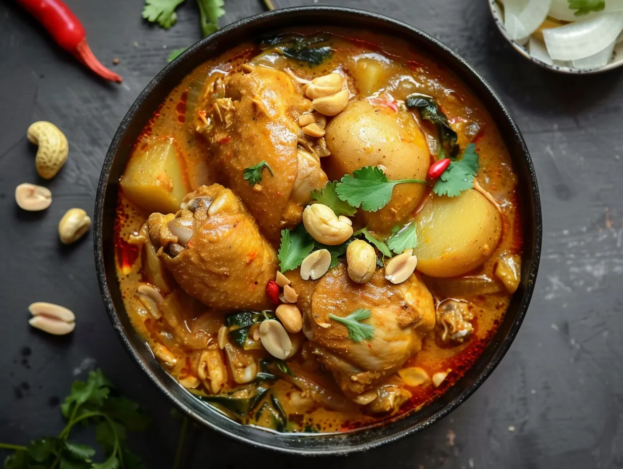 En mustig massaman curry kyckling serverad i en keramikskål med bitar av potatis och toppad med rostade jordnötter.