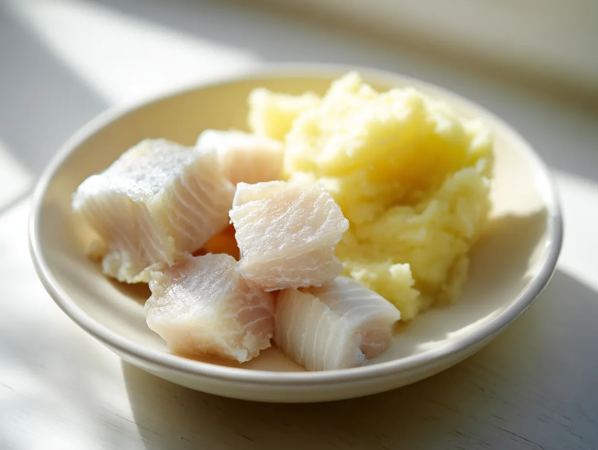 Mat till 1 åring recept med mild torsk, krämig sås och mjuk potatis anpassad för små barn.