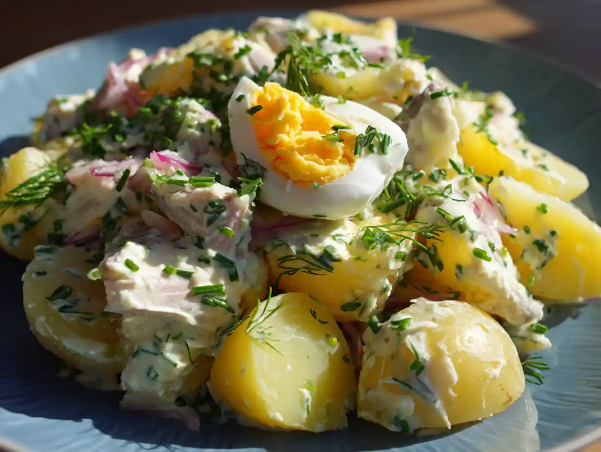 matjessill med gräddfil och färskpotatis på tallrik med ägg, dill, rödlök och gräslök
