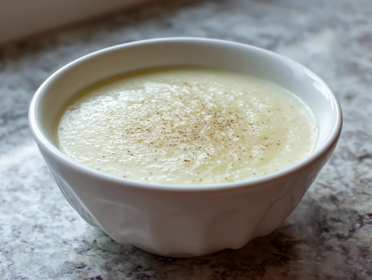 En värmande middag soppa recept med potatis och purjolök serverad i en rustik skål.