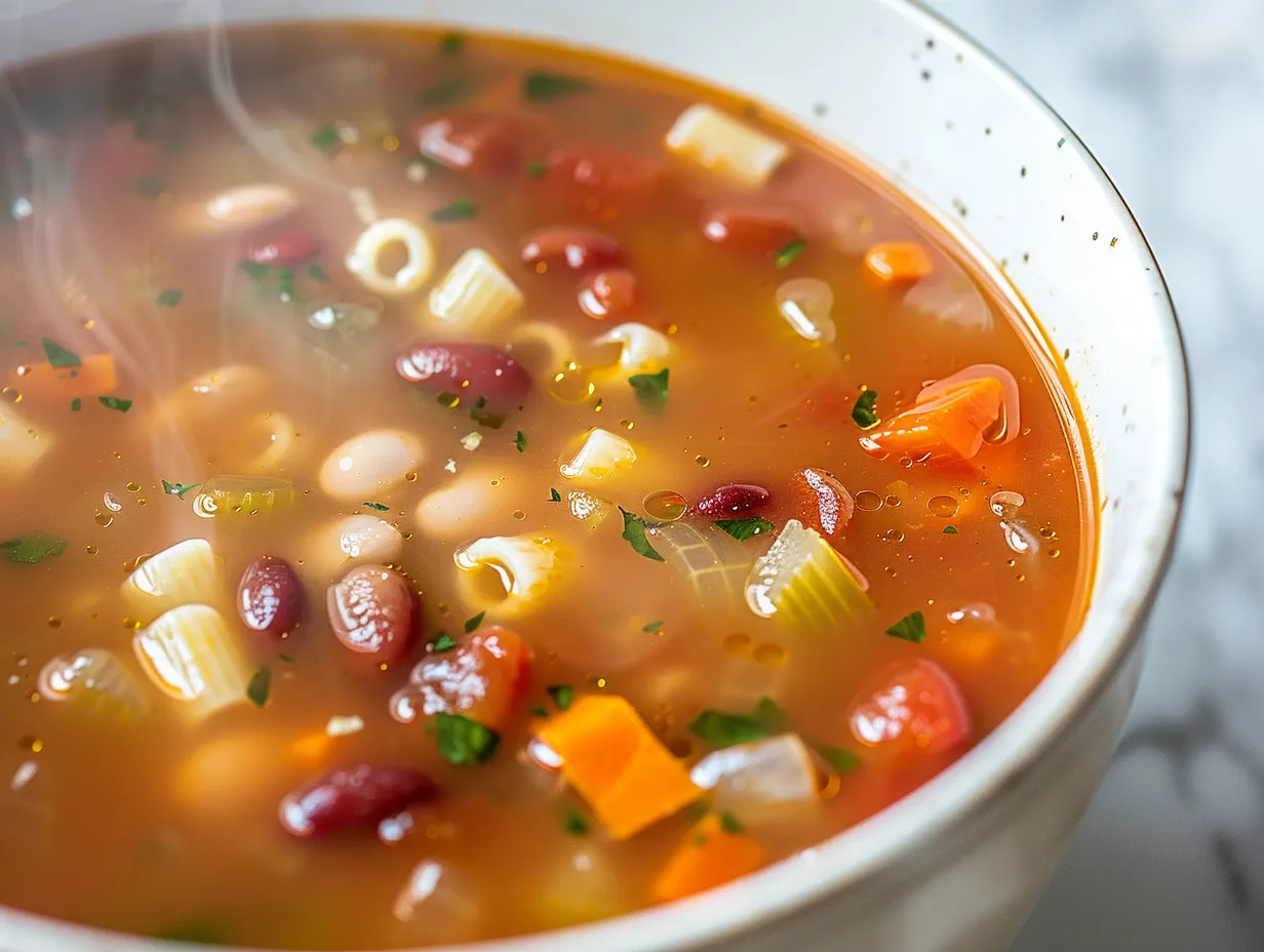 Minestrone soppa med grönsaker, bönor och pasta serverad varm i skål