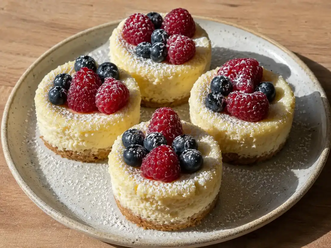 mini cheesecakes med bär, spröd kexbotten och krämig fyllning på en enkel tallrik