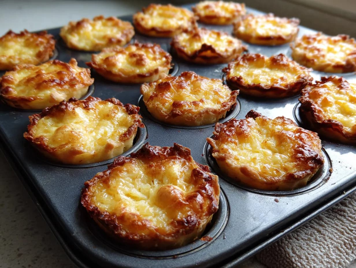 Mini västerbottenpaj på bricka, gyllenbrun yta med bubblig ostfyllning, naturligt ljus från sidan