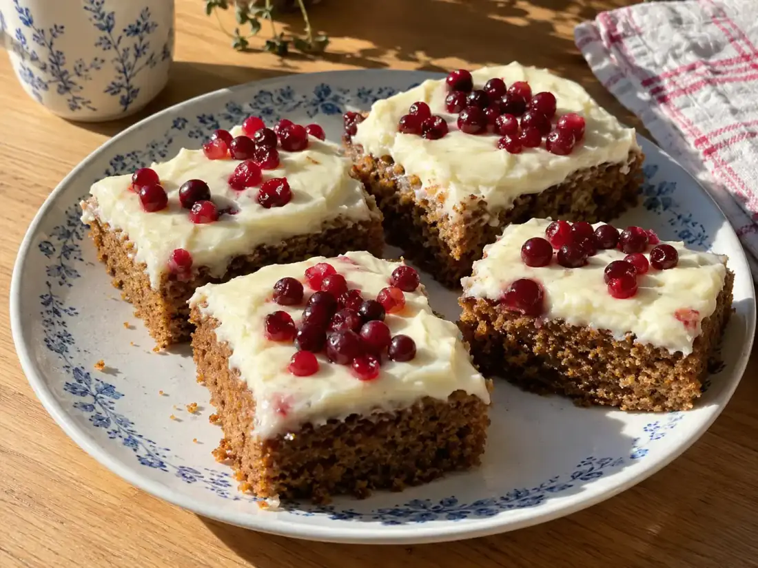 mjuk pepparkaka långpanna skuren i rutor med färskostfrosting och lingon på en enkel tallrik