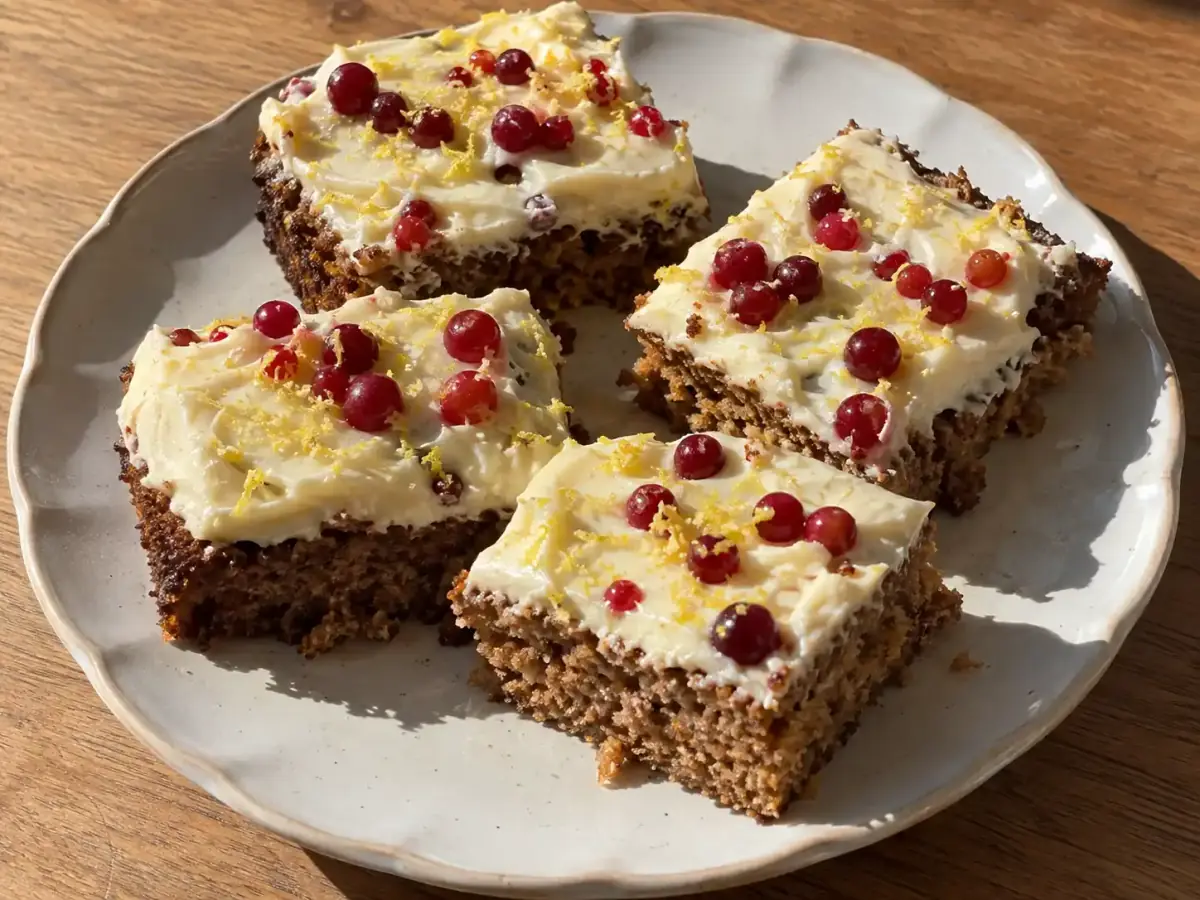 mjuk pepparkaka med frosting i rutor, toppad med len färskostkräm och röda lingon på ett enkelt fat