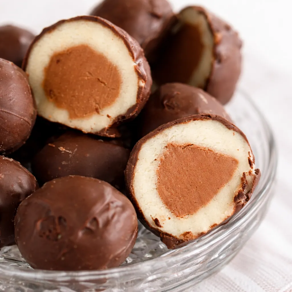 Ett fat med glansiga och runda Mozartkulor doppade i mörk choklad på ett rustikt träbord med juldekorationer.