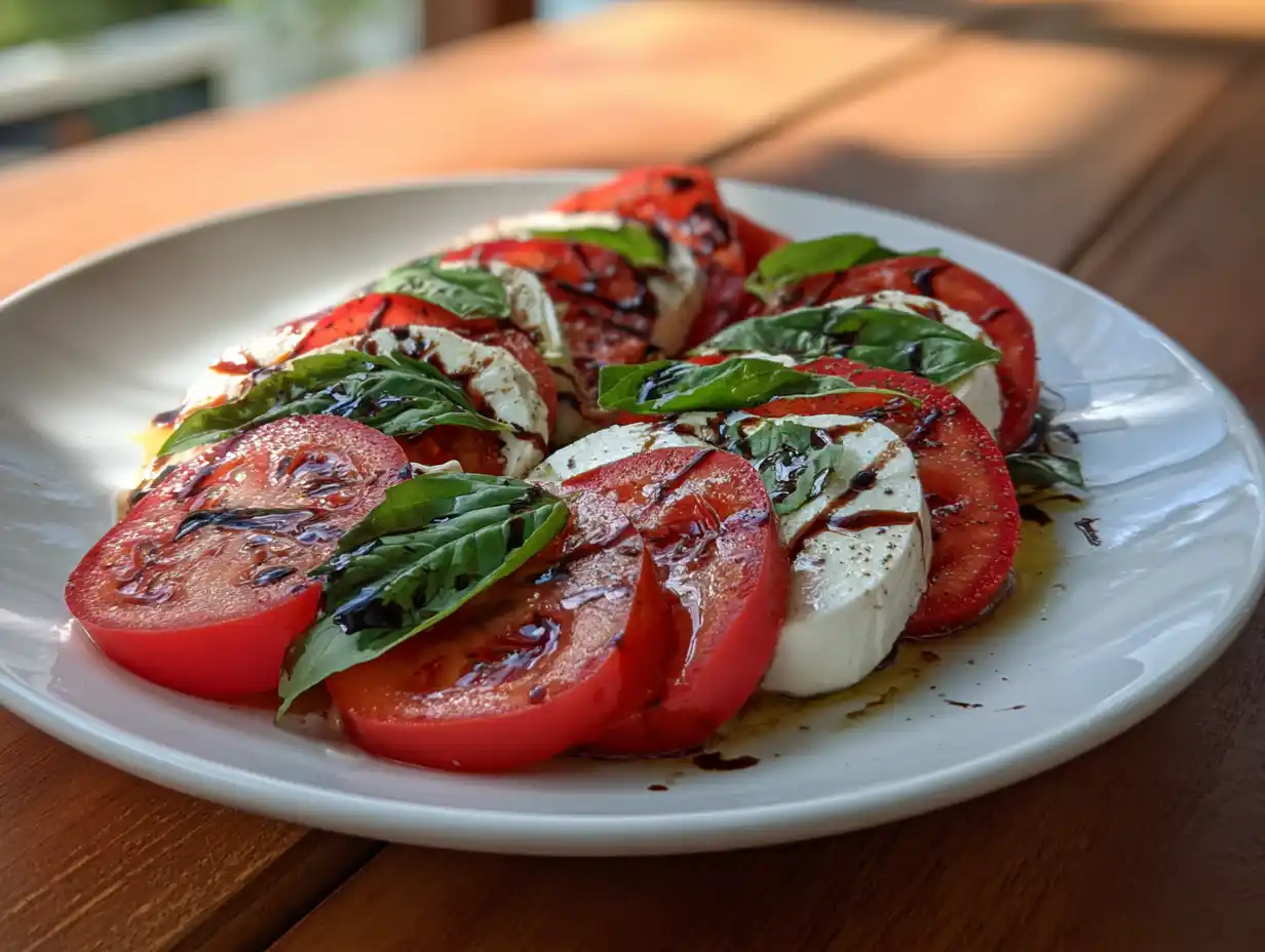 Mozzarella sallad som caprese med skivor av tomat och mozzarella, basilikablad och olivolja, naturligt ljus