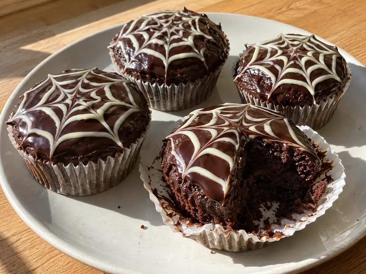 muffins halloween med mörk chokladglasyr och vita chokladspindelnät på saftiga chokladmuffins i formar
