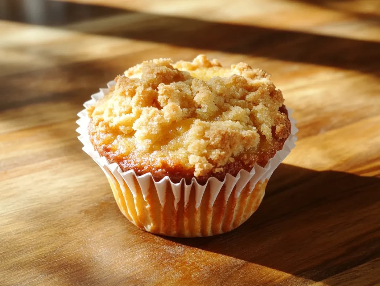 Muffins med äppelmos toppade med krispigt crumble på ett fat med en kopp kaffe bredvid.
