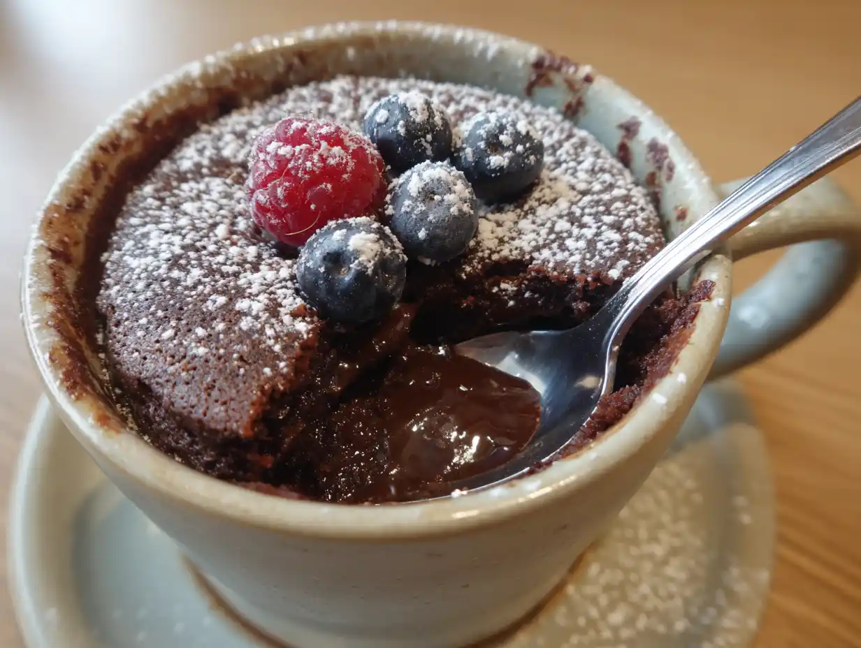 Mugcake recept i kopp med kladdig chokladkärna, pudrat med florsocker och bär på toppen.
