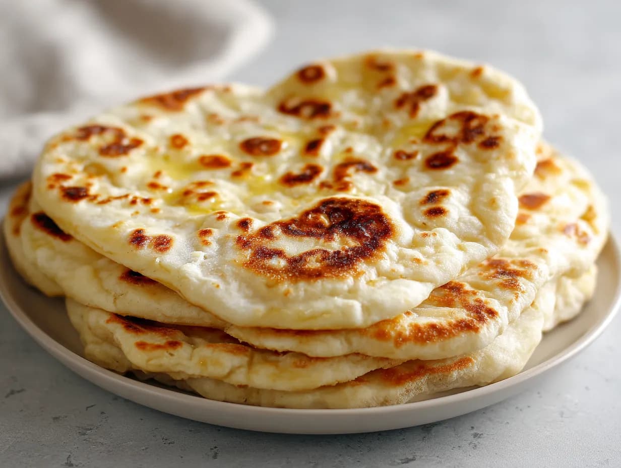 Naan bröd utan jäst stekt i panna – mjukt, gyllene bröd perfekt till gryta.