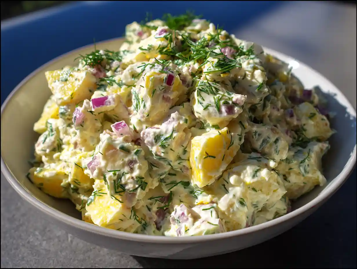 nubbesallad med matjessill, potatis, ägg, dill och krämig dressing serverad på tallrik