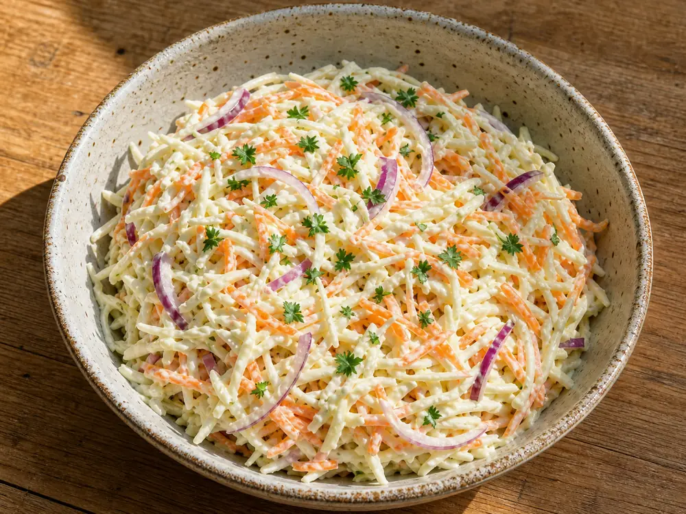 nyttig coleslaw i skål med vitkål, morot och krämig yoghurtdressing, fräsch och krispig